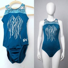 GK Elite Gymnastics Leotard Dark Teal Waterfall Sequins Animal Print Size CM