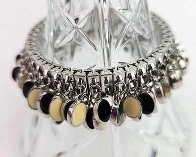 Vintage Charm Disk Bracelet Silver Tone Expandable Black Tan Beads 6 inch