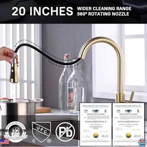 Brushed Gold Kitchen Faucet with Pull Down Sprayer, Single Handle, 1/3 Hole - Picture 3 of 6