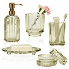 Grey Glass Bathroom 5pcs Set: Lotion Soap Dispenser, Toothbrush Holder, Tumbl...