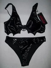 Romwe pentagram ring decor faux leather bat wing bra & panties set S black goth