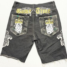 Y2K Game Time Embroidered Denim Short Wing Crown Bandana Baggy Jorts L 38 34/35