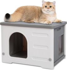 Grey Plastic Cat House Outdoor Waterproof Feral Cat House with Escape Door