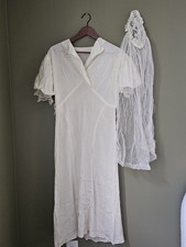 Vtg 40s Bias Cut Silk Bridal Deco Draped Dress M w/ Veil