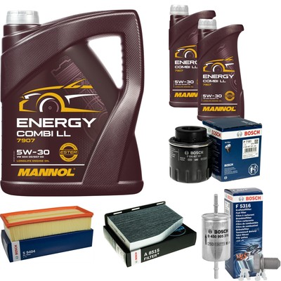 BOSCH Inspektionspaket 7 L MANNOL Energy Combi LL 5W-30 für VW Golf Plus 1.4