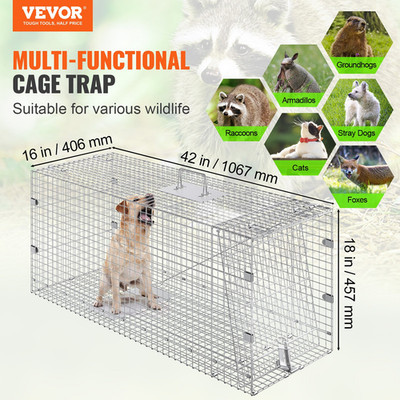Live Animal Cage Trap, 42'' x 16'' x 18'' Humane Cat Trap Galvanized Iron, Foxes