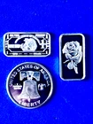 Lot of 3 , 1 Gram Silver Bars , Round , Eagle , Rose , Liberty Bell Designs..