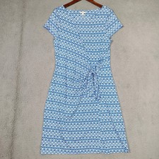 Talbots Midi Dress Women Large Blue White Geometric Jersey Tie-Front Sheath Boho