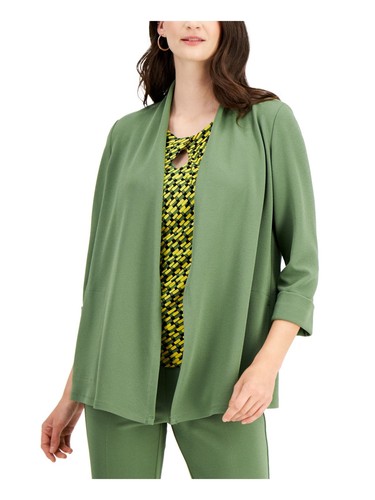 KASPER Womens Green Open-front Cardigan 3/4 Sleeve Wear To Work Jacket XS