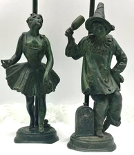 Pair Antique Newel Post Lamps Verdigris Finish Metal Figural Lady & Man Revelers