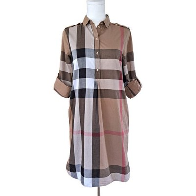 BURBERRY Kelsy Brown Check Dress Cotton Shirt Dress Size 2 No Belt