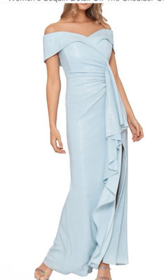 Xscape Evening Gown 10 Light Blue Sequin Formal Off Shoulder Ruffle $288 NEW