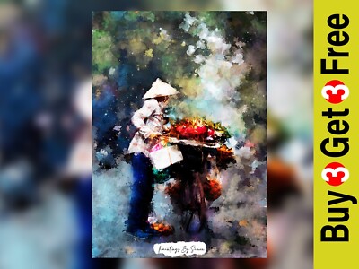 Lebendiges traditionelles Aquarell Straßenverkäufer Gemälde Druck 5''x7'' auf mattem Papier