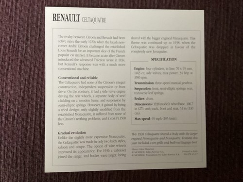 Renault Celtaquatre, 1934-38, Popular Class Car, France, Collectors Card - 第 2/2 張圖片