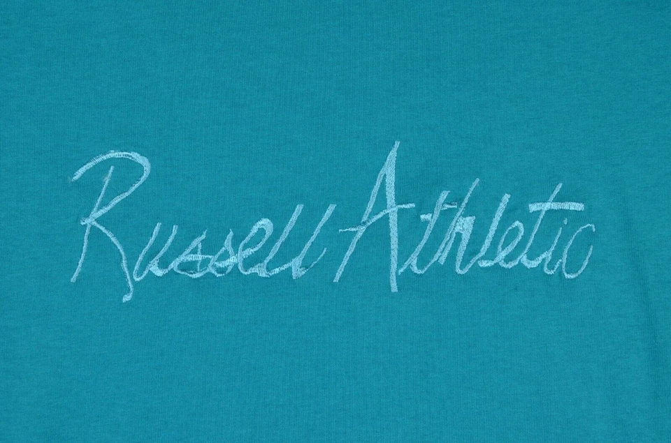 Camisa masculina vintage anos 80 Russell Athletic Script grande 40" azul-petróleo - Imagem 2 de 4