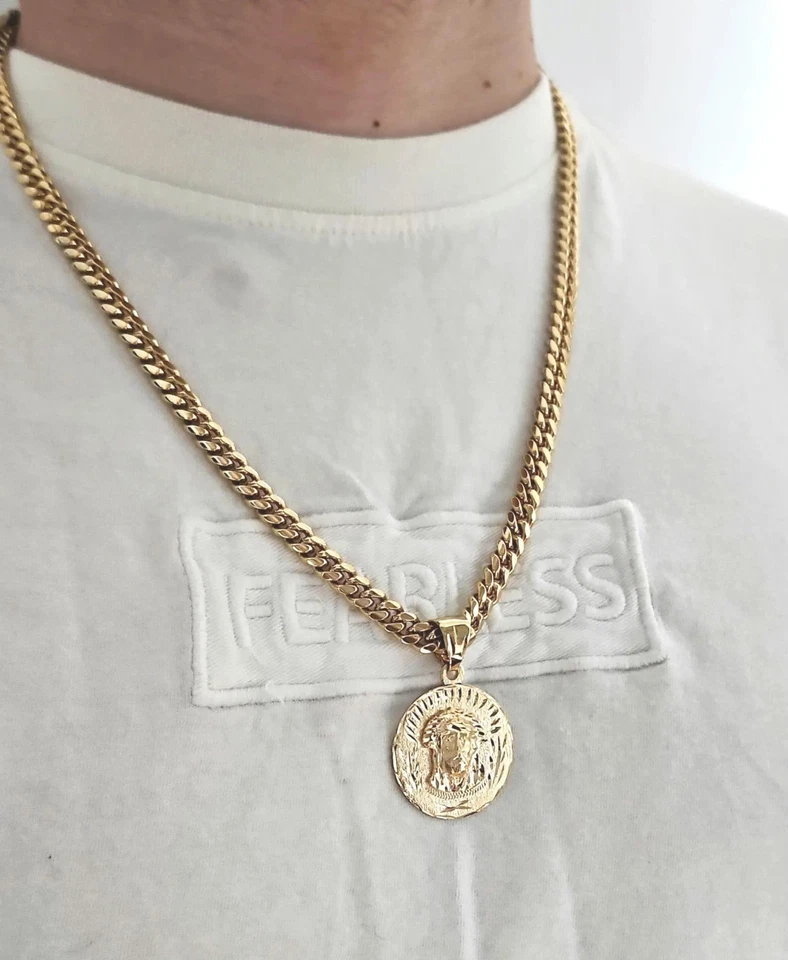 Gold Large Jesus Necklace, 7mm Curb Link, 14k Gold Plated, Waterproof, No Fade - Image 2 of 4
