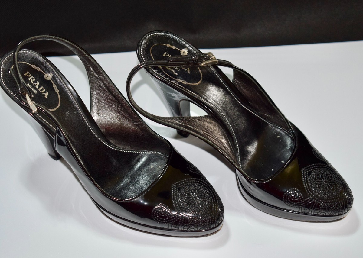 靴 Prada Black Leather Heels 38 Prada Black Patent Leather Platform Closed Toe Sz 38 US 8 Ankle