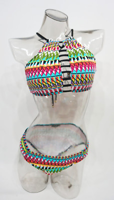 Apt 9 Multi Zoe Striped High Neck 2-Piece Bikini Set Swimsuit Women's Large