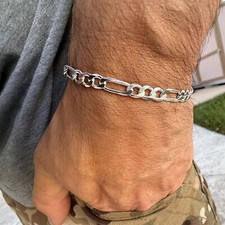 Solid 925 Sterling Silver Italy Figaro Link Chain Bracelet 6 MM Thick 7"-9" Inch
