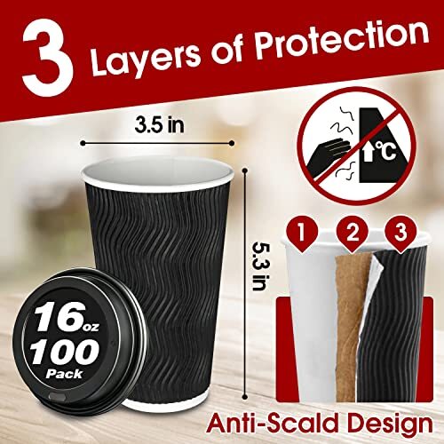 100 Pack 16 oz Disposable Insulated Coffee Cups with Lids, Paper To
