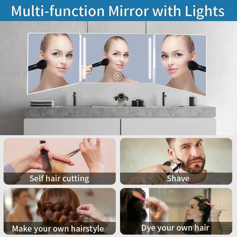 LED 3-Way Mirror w/ Adjustable Lighting 360° for Hair Cutting, Shaving, Styling - Image 2 of 4