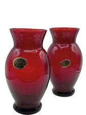 PAIR OF ANCHOR HOCKING ROYAL RUBY GLASS COOLIDGE VASES ORIG LABELS 6.5 T  3.5 W