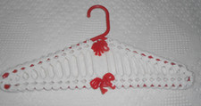 Red Plastic Clothes Hanger - Hand Crocheted with White Yarn