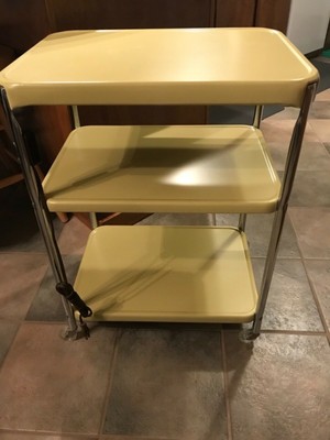 Vintage Kitchen Metal 3 Shelf Cart Cosco Yellow Chrome W Wheels