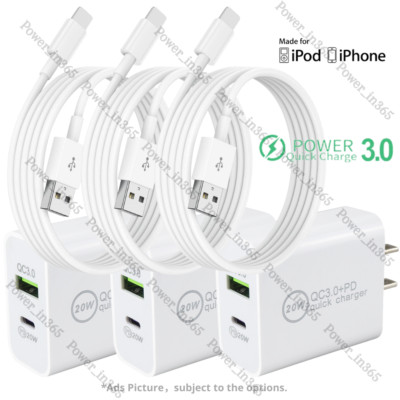 QC PD 20W Fast Charger Power Adapter Block USB Cable For iPhone 14 13 12 X 8 Lot