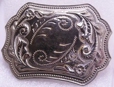 Ladies Western Style Belt Buckle Silver Tone Flowers/Leaves Scroll Design OKc24
