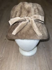 Vintage Women’s Bucket Hat Faux Mink Fur Velvet Bow Tan Brown Cap Mod 50’s MCM
