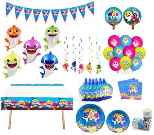 Baby shark theme Balloon Plates Cups Banner kids Birthday Party Decoration- Blue - Afbeelding 1 van 17
