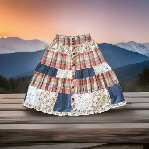 Womans Tiered Patchwork Gathered Midi Elastic Waistband Lined Skirt Size 10/12*