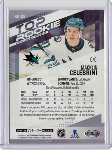 2024-25 O-Pee-Chee Top Rookie Black Macklin Celebrini RC #/100 BOUNTY SJ SHARKS - Picture 2 of 2