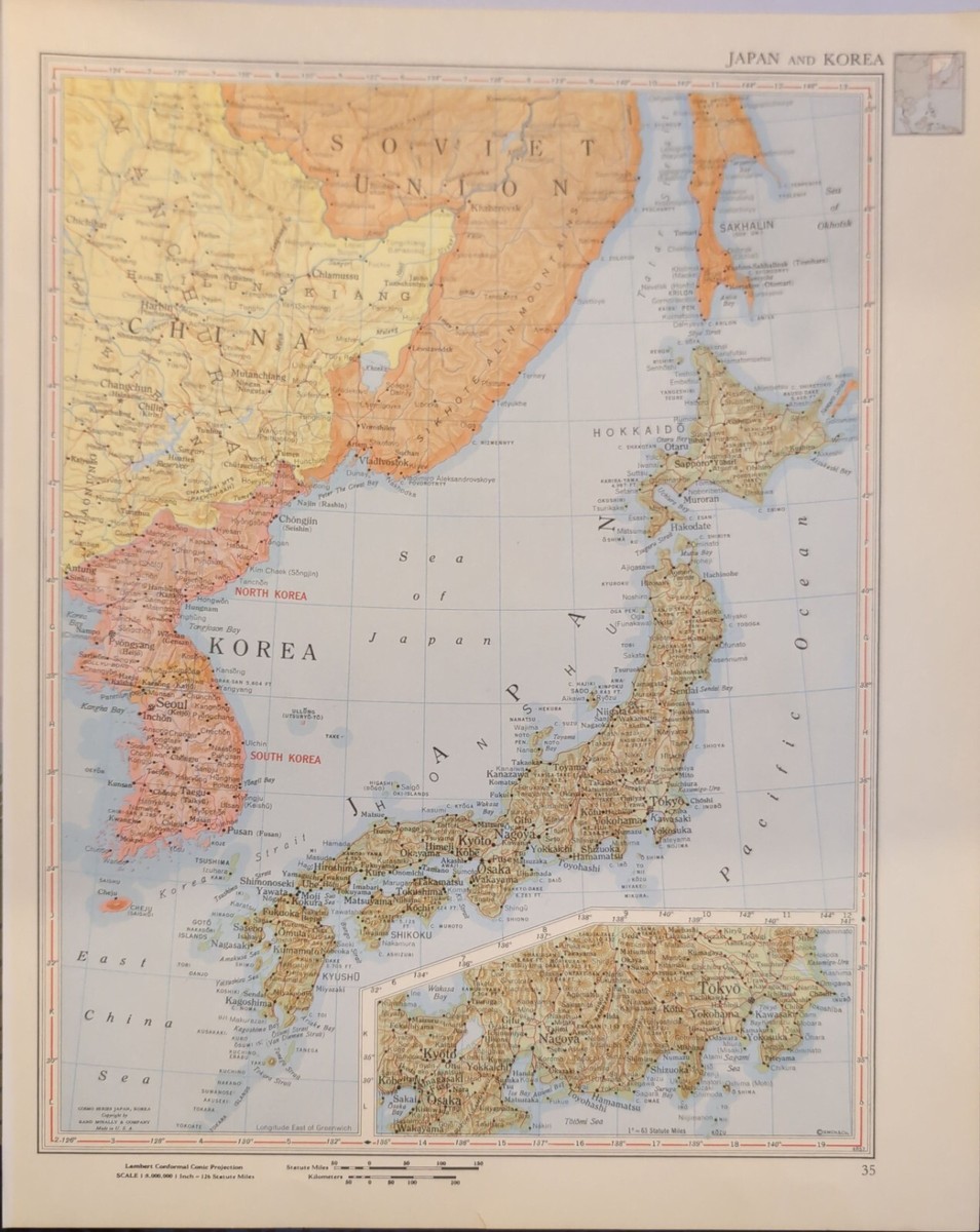 1958 Rand McNally Map-Japan-Korea-Vietnam-Thailand-Laos-Cambodia