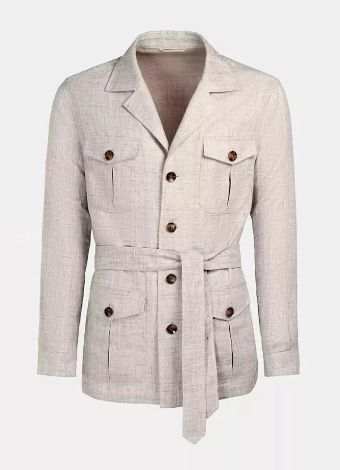 Retro Mens Cotton Linen Safari Jacket Breathable Belted Hunting Coat Casual Tops - Image 4 of 4