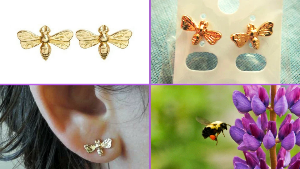 boucles d'oreilles abeille plaqué or - Photo 1/1