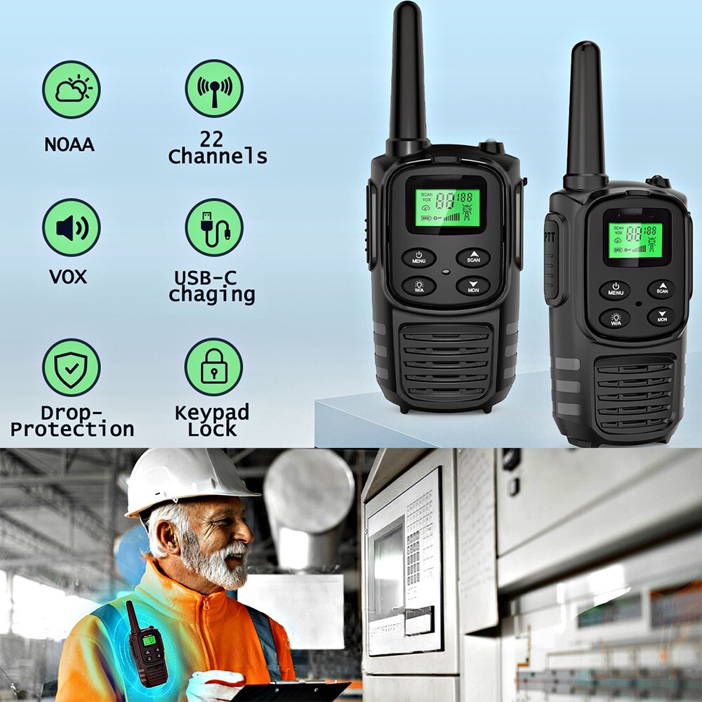 LONG RANGE WALKIE TALKIE 2 SET USB-C RECHARGEABLE LED FLASHLIGHT FRS VOX NOAA