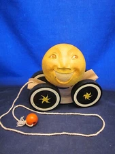BRIERE Folk Art Pull Toy 1992 Man in The Moon & Cow Ball & Cart /Cradle #232