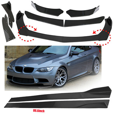 Front Bumper Lip Spoiler+86.6'' Side Skirts Body Kits Glossy Black For BMW E90