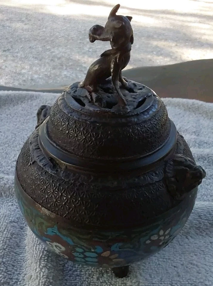 Antiguo incensario chino de cloisonne y latón - Quemador de incienso 7 "alto x 5" redondo Foto 3 de 4