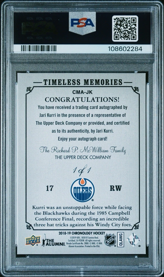 Obra maestra de lona 2018-19 UD Chronology Jari Kurri automática negra 1/1 #CMA-JK PSA 8!!️ Foto 2 de 3