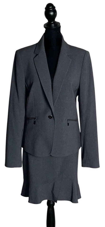 Traje Falda Tahari ASL Talla 10 Gris Chaqueta Bolsillos con Cremallera Falda con Volantes Dobladillo Foto 2 de 4