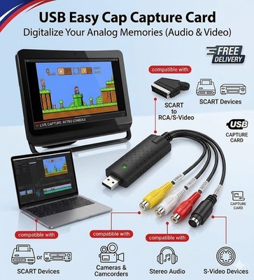 USB 2.0 Video VHS zu DVD Videorecorder HDD Konverter Scart Cinch Kabel Adapter Capture Card