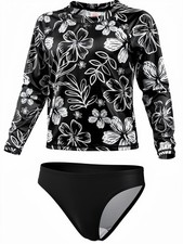 NEW Wonder Nation Girls Rash Guard Swimsuit 2-Piece Black Floral Size 6/6X