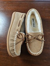 Minnetonka Tilia Faux Fur Shearling Tan Suede Cozy Moccasin Slippers Sz 6 85