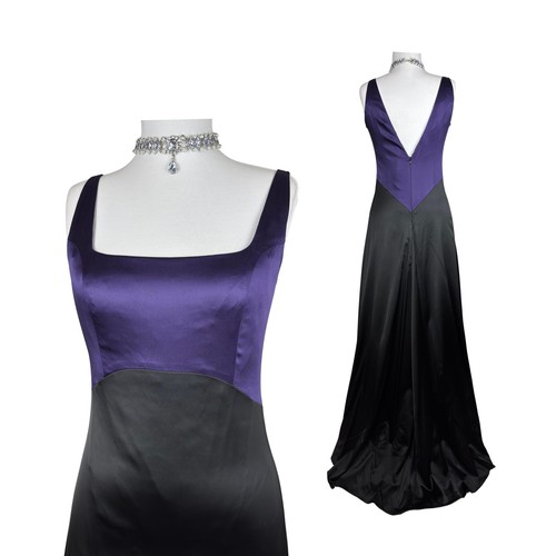 Vintage Y2K Purple Black Satin Maxi Dress: Open Back Formal Gown