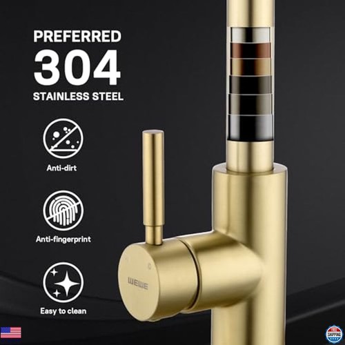 Brushed Gold Kitchen Faucet with Pull Down Sprayer, Single Handle, 1/3 Hole - Picture 4 of 6