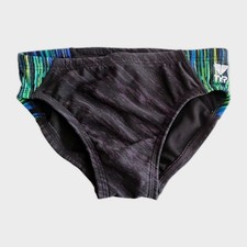 TYR Boys Swimsuit 26 Race Briefs Black Green Stripe Training Swim Briefs   FS