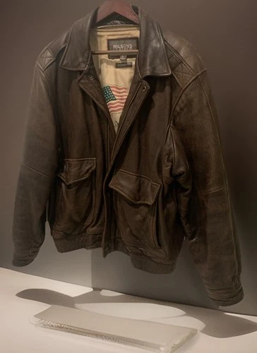 Wilsons Leather Bomber Jacket Brown Men’s Large, Land Of The Free, Home Of Brave - product listing photo